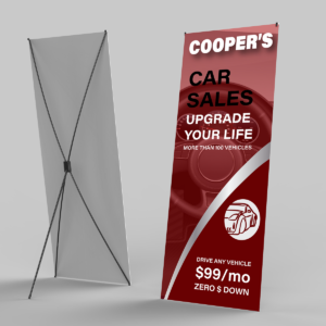 This is an example of an X-Frame Banner stand, a perfect solution for portable advertising. Atlas Wrap Co can get you sorted out with one of these great products.