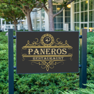 Post and Panel signs, designed and installed by Atlas Wrap Co, like the restaurant sign shown here, are a great way to make your business look more sophisticated.